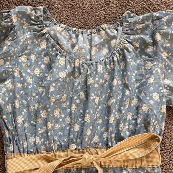 Vintage Square Dancing Dress. Blue Floral Dress with yellow gingham Trim - Picture 3 of 6